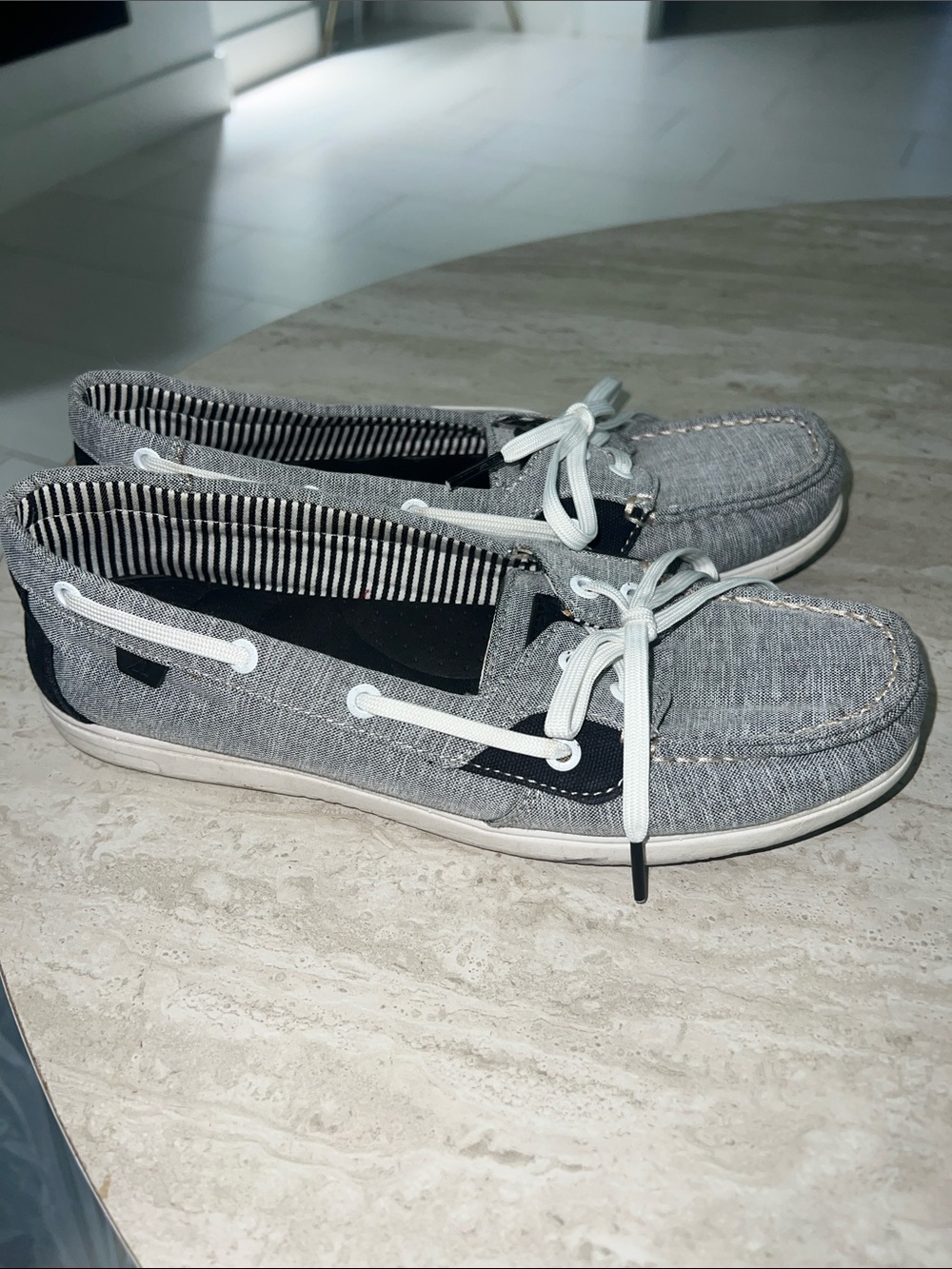 Sperry Gray Canvas Boat Shoes with White Laces
